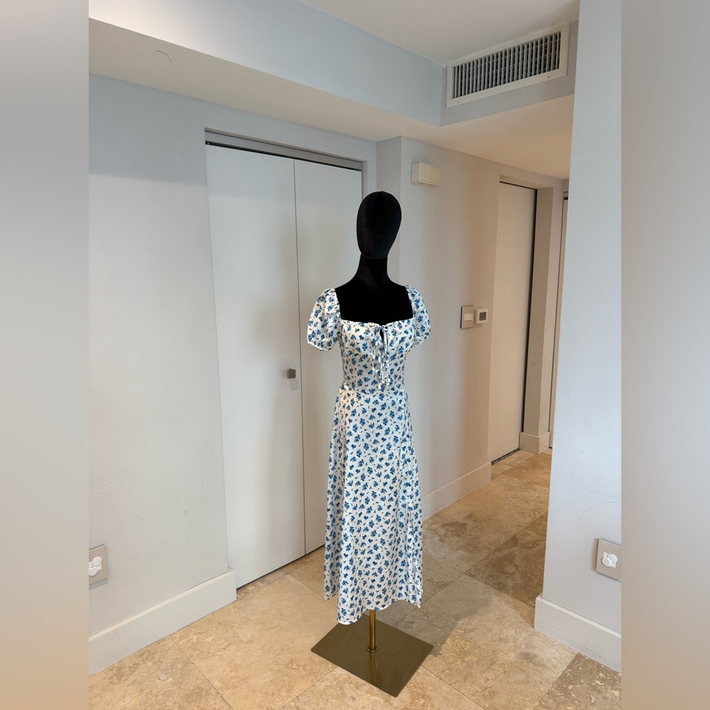 HOUSE OF CB inspired Floral Blue & white maxi CORSET Dress SATIN- size S - NEW